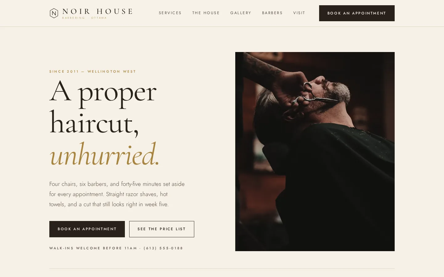 NOIR HOUSE concept homepage showing typographic hierarchy